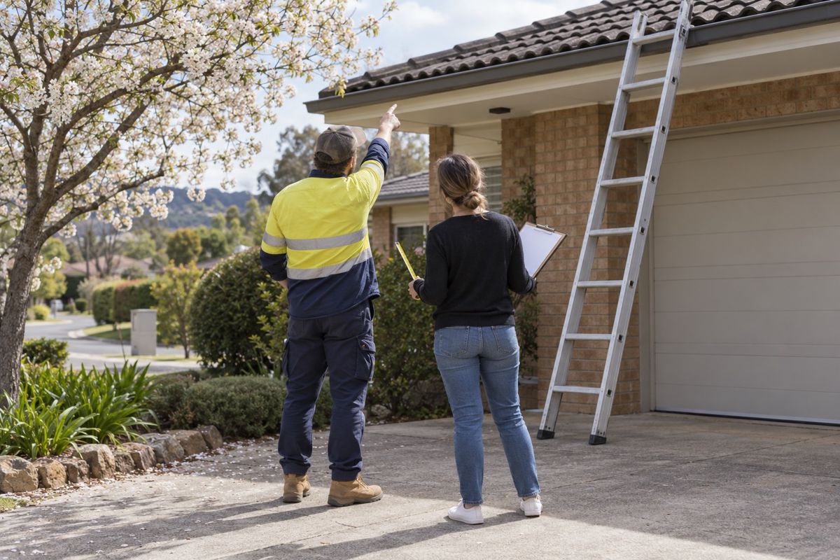 Roofer and homeowner on a driveway looking up at a tile roof