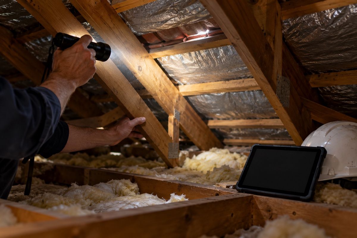 Torch beam lighting rafters and sarking inside a house roof space