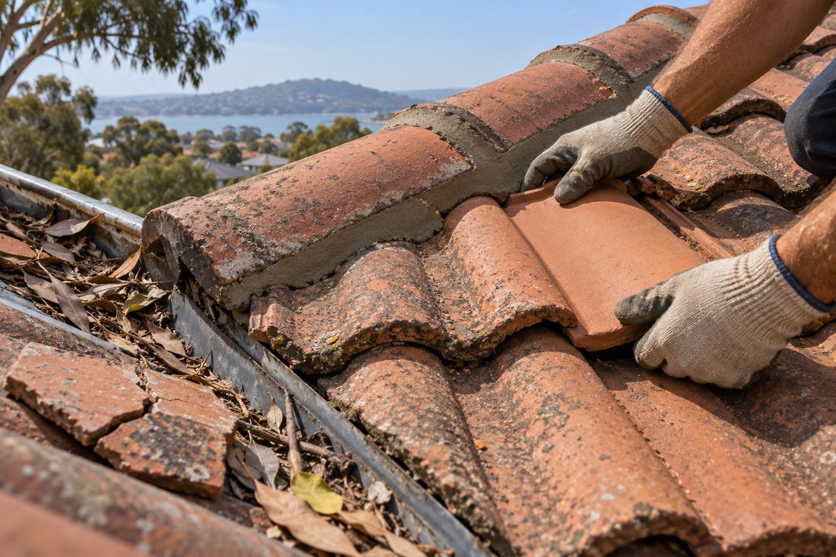 Gloved hands replacing a cracked terracotta roof tile near the ridge