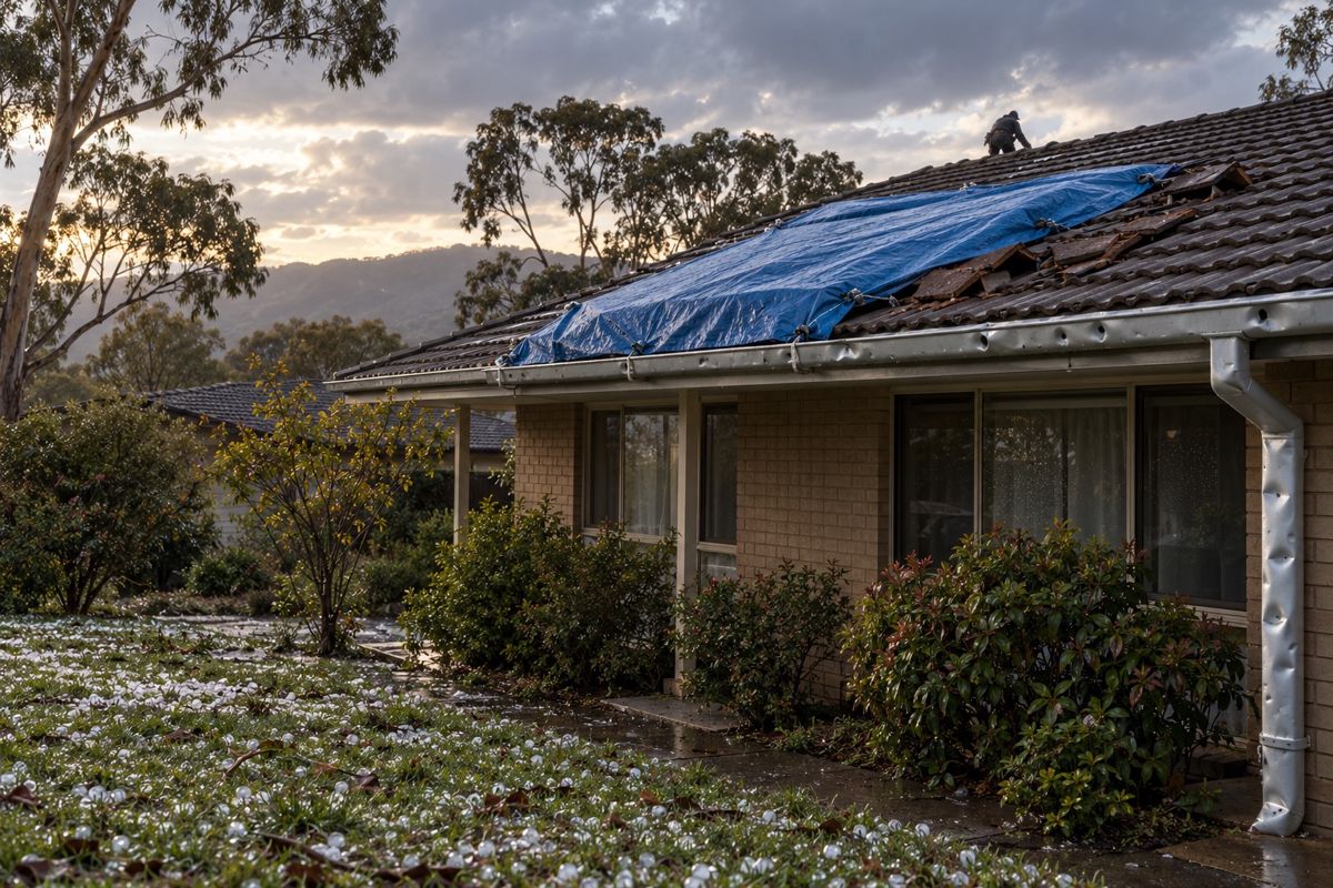 Blue tarp over hail damaged tile roof with melting hailstones on lawn